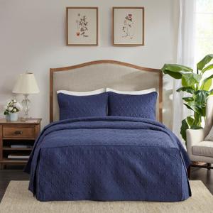 Madison Park Quebec Split Corner Quilted Bedspread Classic Traditional Design All Season, Lightweight, Bedding Set, Matching Shams, King, Damask Quilted Navy 3 Piece