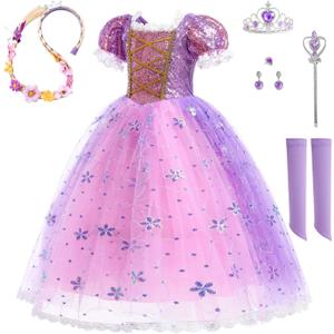 Purple Dress Princess Costume Girls Dress Up for Birthday Party Christmas Theme Outfit Accessory (Purple), Size: 5-6 Years