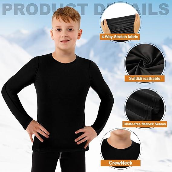 Suhine 3 Pcs, Size L (12-13Y) Youth Boys Thermal Compression Shirts Fleece Athletic Baselayer Long Sleeve Soccer Baseball Undershirt, (Black, White)