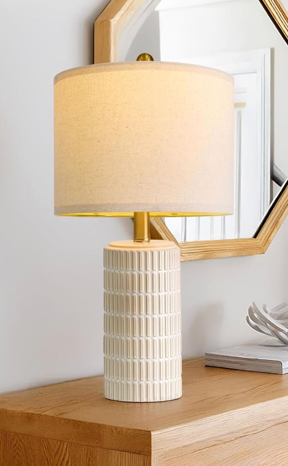PoKat 20.75" Small Modern Ceramic Table Lamps Set of 1 for Bedroom, White Bedside Lamps for Night Stands, Farmhouse Desk Decor Gift Nightstand Table Lamps for Living Room End Table Beige