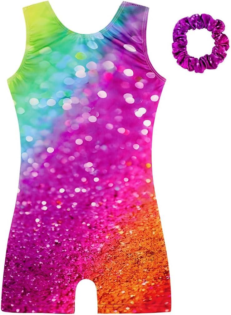 HOZIY Gymnastics Leotards for Girls with Shorts Biketards Dance Tumbling Outfits Matching Scrunchies 1-12 Years Old (Glitter Rainbow)