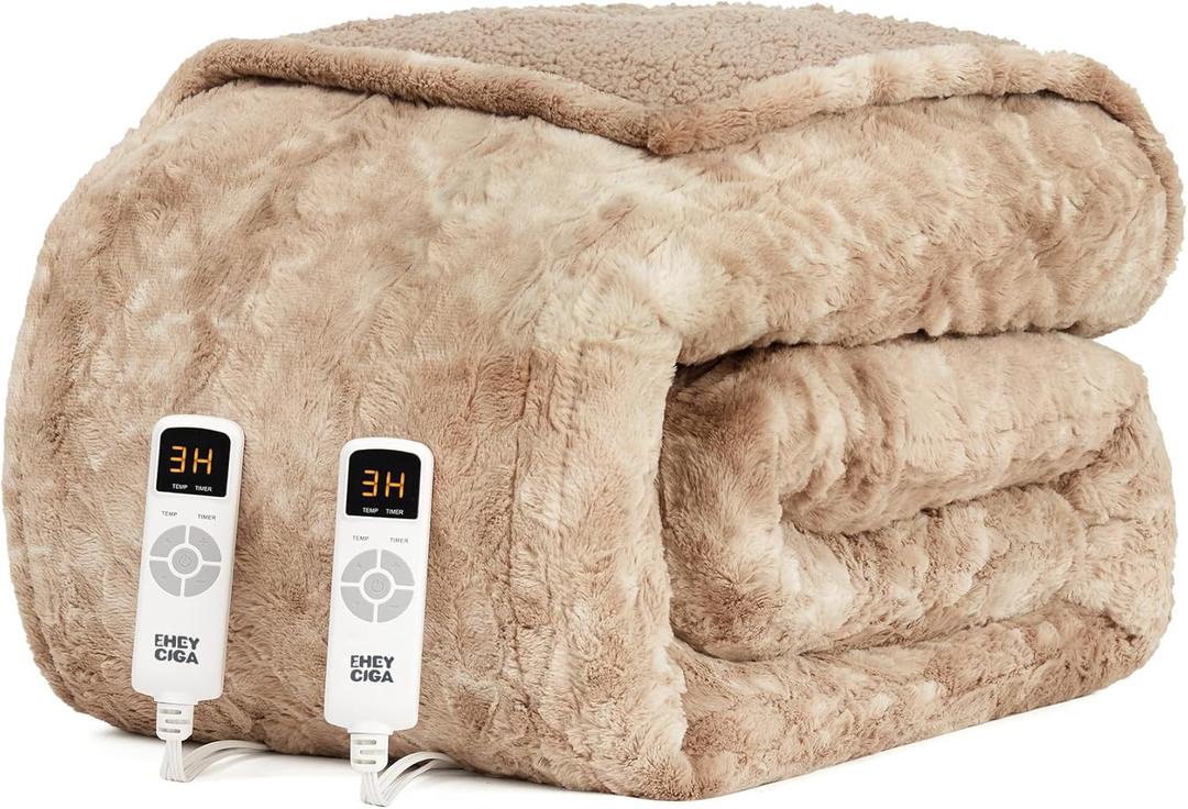 EHEYCIGA Electric Heated Blanket Queen Size Faux Fur, 10 Hours Auto Shut Off 9 Heating Levels Heating Blanket with Dual Control, Soft Warm Heated Blanket Fast Heating Camel, Faux Fur & Sherpa