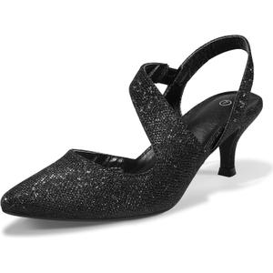 mysoft Women's Dress Shoes Low Heels 2 inch Kitten Pumps Slingback Wedding Party Medium/Wide Width Shoes (Black Glitter)