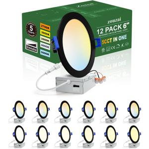 zouzai 12 Pack 6 Inch Black 5CCT Reset LED Recessed Ceiling Light with Junction Box, 2700K/3000K/3500K/4000K/5000K Selectable, 12W Eqv 110W,Dimmable, led can Lights- ETL and Energy Star Certified