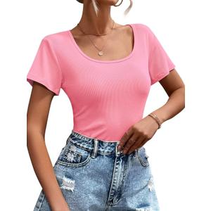 Womens T Shirt Short Sleeve Tshirt Ribbed Basic Tops Tee (Pink)