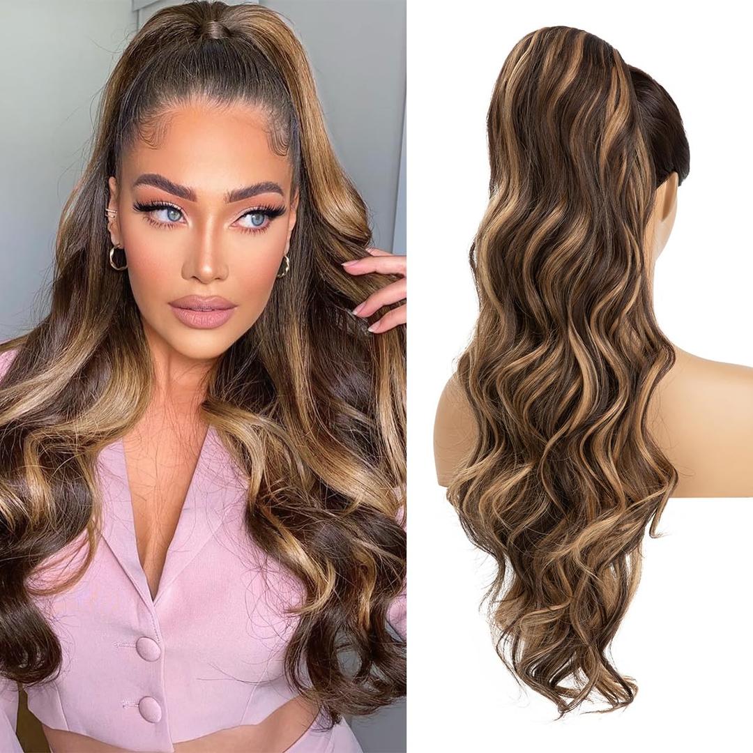 Drawstring Ponytail Hair Extensions Wavy Long 26 Inch Synthetic Fake Hairpiece for Women Dark Brown/Golden Blonde
