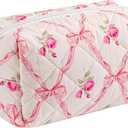 Travel Makeup Bag, Cosmetic Bag for Women Girls, Floral Flowers Toiletry Organizer, Portable Storage Bag, Pink Bowknot/Gold Zipper