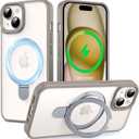 Supdeal Magnetic Stand Case for iPhone 15 with Invisible Ring Kickstand [Compatible with MagSafe] [Military Drop Protection] Shockproof Protective Translucent Matte Phone Cover, 6.1'', Grey