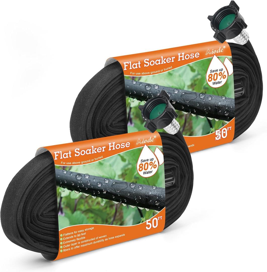 AIODE Flat Soaker Hose 100FT(50FT 2Pack) for Garden Beds Drip Hose Heavy Duty Save 80% Water for Vegetable Tree (100FT)