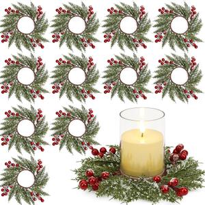 Scawim 12 Pcs Candle Rings, 3.7 Inch Artificial Candle Rings Wreath Cedar Berries Snowy Pine Needles, Candles Rings Holder for Table Centerpiece Spring Home Party Kitchen Window