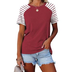 Womens Tops Summer Short Sleeve Shirts Raglan Striped T-Shirts (X-Large, Red)