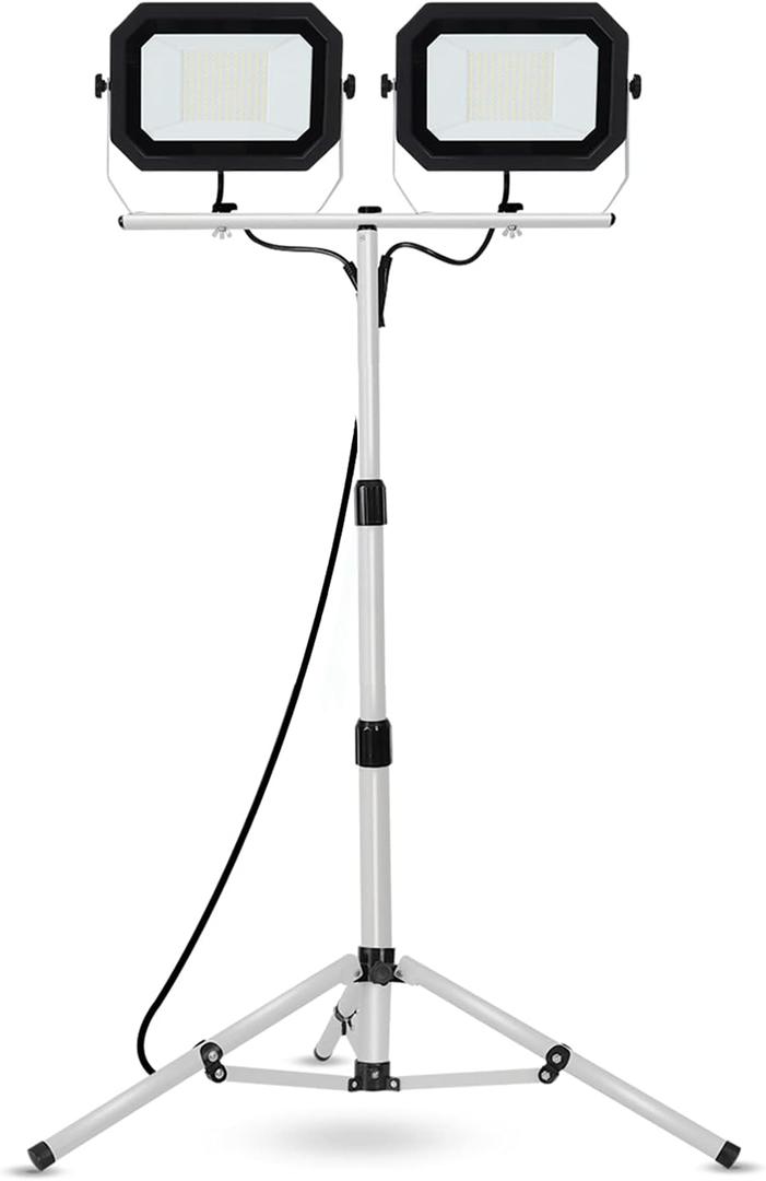 UFOND 20000 Lumen Work Lights with Stand, 200W Dual Head LED Work Light, Waterproof Lamp with Individual Switch, Adjustable Metal Telescoping Tripod 10Ft Power Cord