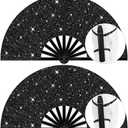 13" Large Folding Rave Fan with Holster, Clack Hand Fans Foldable for Line Dancing, Boots On The Ground Fan for Women Men Festival EDM Party Decoration, Glitter Black 2 Pack