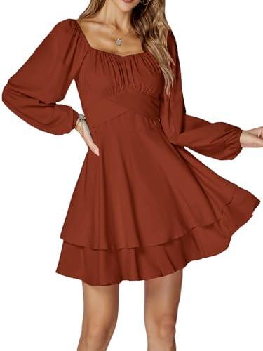 LYANER Women's Lantern Long Sleeve Wrap Tie Back Square Neck Double Layer Ruffle Hem A Line Short Mini Dress. Size Medium