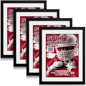Geetery 4 Pcs Sports Magazine Frame for Wall Fits Measuring 8.5 x 11.25" Magazine Display Frame with Installed Hangers and Core Matting Plastic Comic Book Frames for Wall Hanging(Black , White Mat)