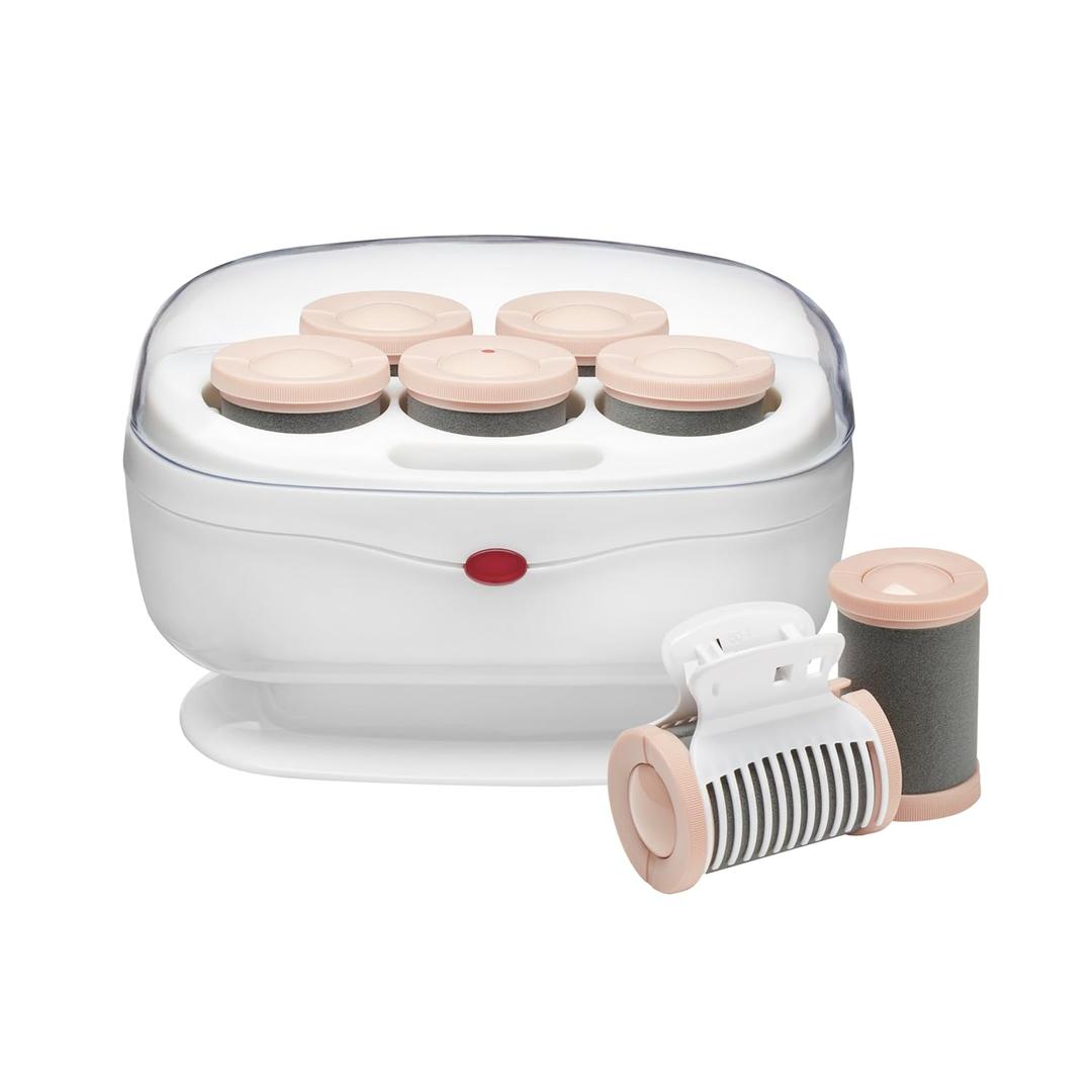 Conair Double Ceramic Hot Rollers for Long, Medium & Short Hair, 5 Ceramic Flocked 1½-Inch Heated Hair Rollers with Clips, Hot Curlers for Women, Volume & Curls, Dual Voltage, Pink/White