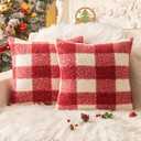 AQOTHES Red White Plaid Christmas Throw Pillow Covers 18x18 Inch Set of 2, Boucle Decorative Pillow Covers,Cozy Fluffy Home Living Room Farmhouse Decor for Sofa Couch Bed