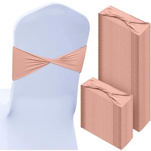 CHENGU 100 Pcs Spandex Chair Sashes Plain Bow Wedding Royal Chair Bands Without Buckle Birthday Decorations Elastic Ties Spandex Slider Sashes for Events Party Ceremony(Rose Gold)