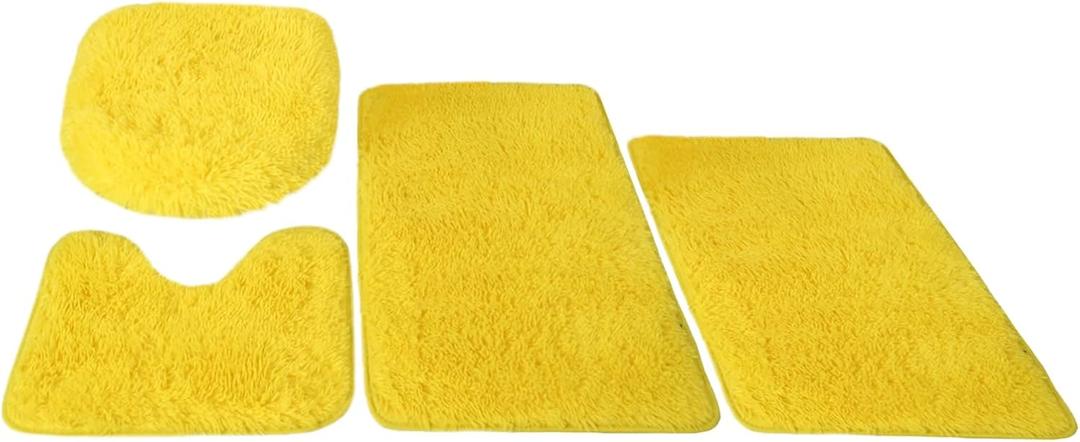 Bathroom Rugs Sets 4 Pcs with Toilet Lid Cover and Toilet Rugs U Shaped, Non Slip Washable Fuzzy Shag Plush Bath Mats Yellow (16"x24"+20"x32"+U Shape 15"x16"+ Lid Cover 16"x20")