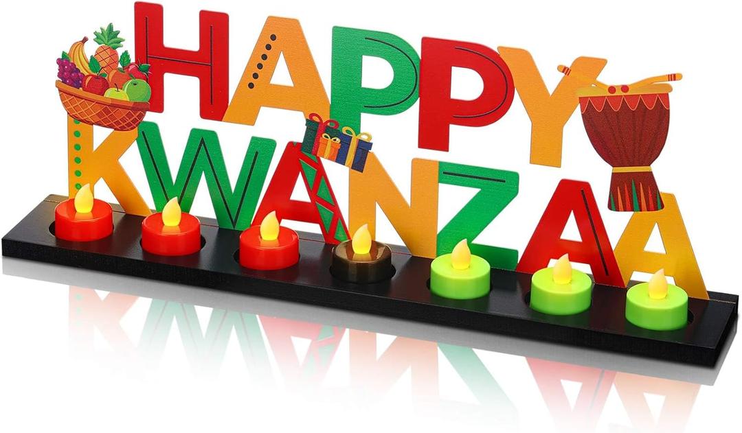 Rossesay Happy Kwanzaa Flameless Tea Light Candle Stand Table Happy Kwanzaa Centerpiece Decoration with Lighted Table Candle Holder Decoration Return Gifts for Festival Holiday