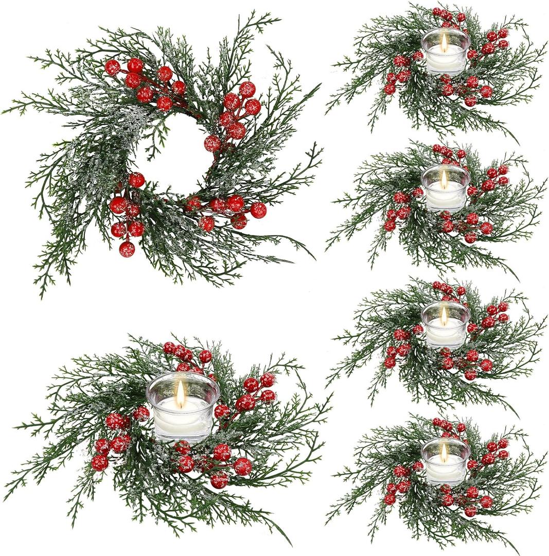 Serlvan 6 Pcs Christmas Candle Rings Wreath Artificial Candle Rings with Red Berry, Snowy Pine Garland Candle Ring Holder for Christmas Decorations Table Centerpiece