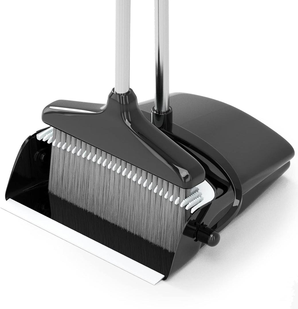 Broom with Dustpan Combo Set 54 Long Handle Household Dust Pan for Home Office Kitchen Cleaning Black & Grey