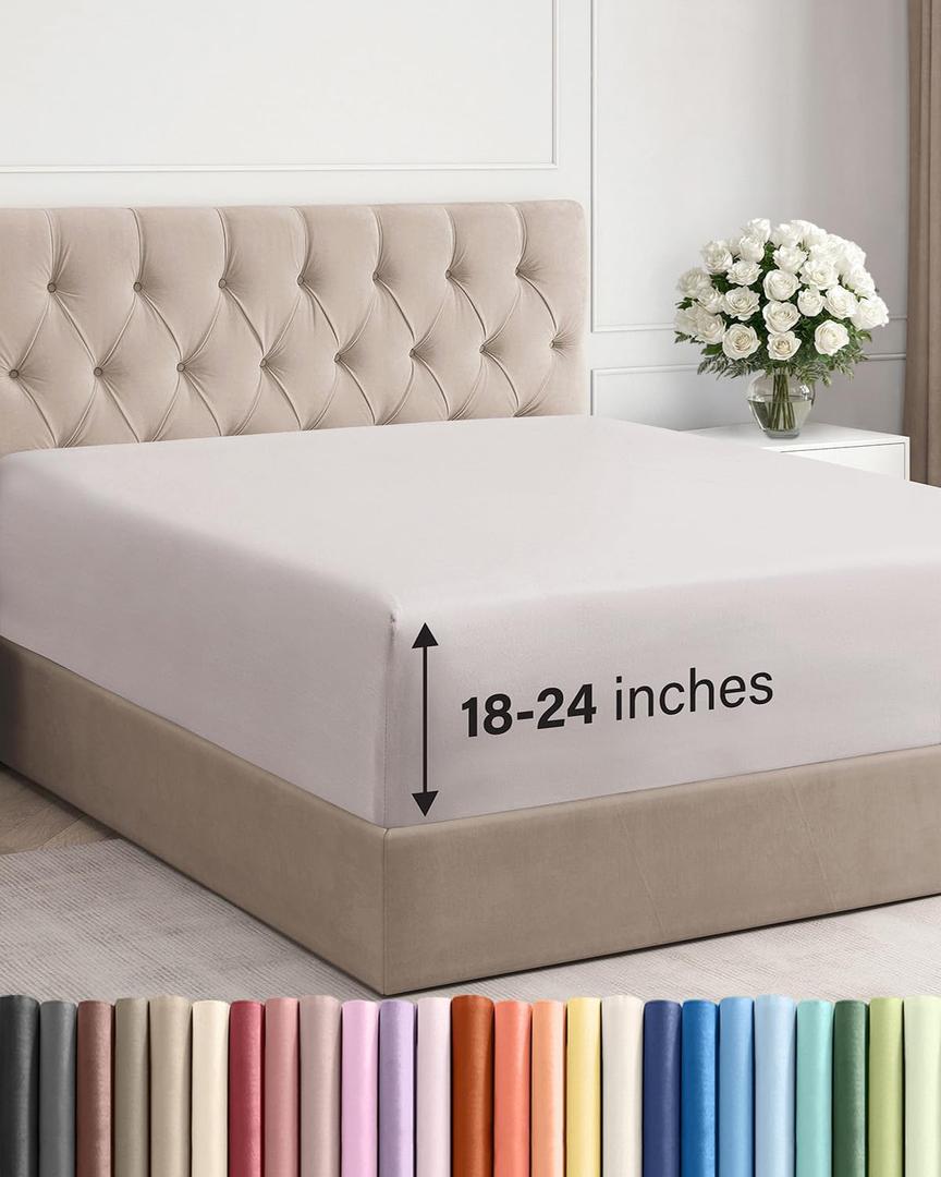Extra Deep Queen Fitted Sheet - Hotel Luxury Single Fitted Sheet Only - Easily Fits 18 inch to 24 inch Mattress - Ultra Soft, Wrinkle & Fade Free w/Extra Deep Pocket - Breathable & Comfy - Light Grey