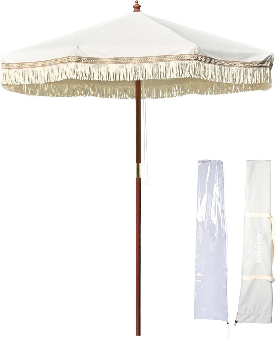 7ft Patio Beige Umbrella with Tassels UPF50+ Boho Style 5-Year-Non-Fading for Outdoor,Model:BH7W-01P (7FT, BOHO-Ivony Xchevron)
