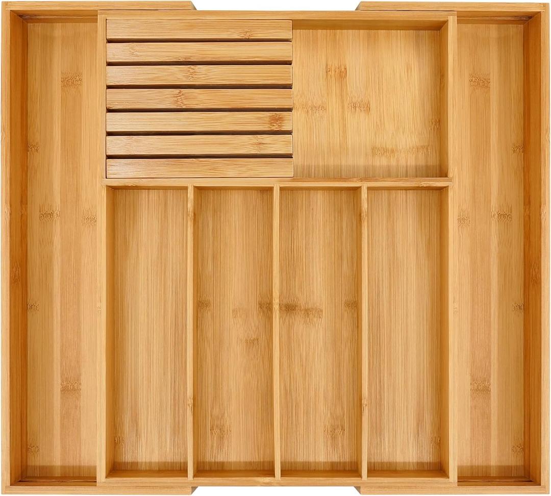 VaeFae Bamboo Silverware Drawer Organizer Kitchen, Expandable Utensil Organizer with Knife Block, Cutlery Tray with Divider, Multifunctional Drawer Organizer (Large, Natural)