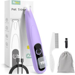 Dog Paw Trimmer with LED Display,35dB Ultra-Low Noise Dog Grooming Clippers,Cordless Paw Trimmers for Dog's Feet with LED Light,Type-C Rechargeable Cat Hair Trimmer for Paws, Ears, Face, Rump (Purple)