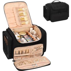 Large Makeup Bag with Jewelry Organizer, Travel Toiletry Bag for Women Girls with Makeup Brush Compartment & Two Side Pockets - XL Black