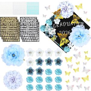 DECYOOL Graduation Cap Decorations, 58 Pcs DIY Graduation Cap Topper Craft Kit Included Faux Flowers for Graduation Cap 3D Butterfly Stickers Letter Stickers Rhinestone Stickers (Blue)