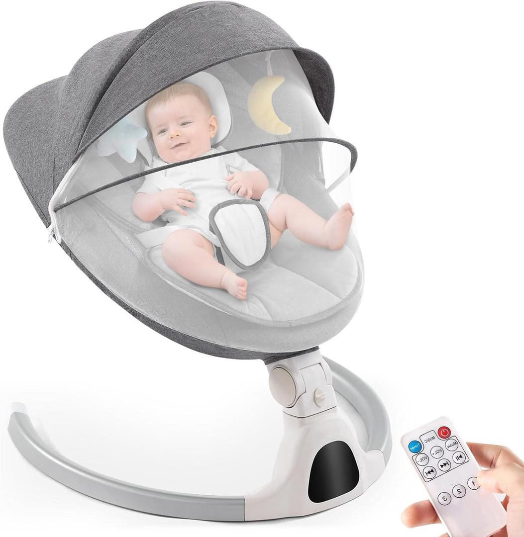 Baby Swing for Infants,Comfort Cradling Baby Rocker Portable Newborn Swing with Music/Remote Control/Timing Function,Grey (Gray)