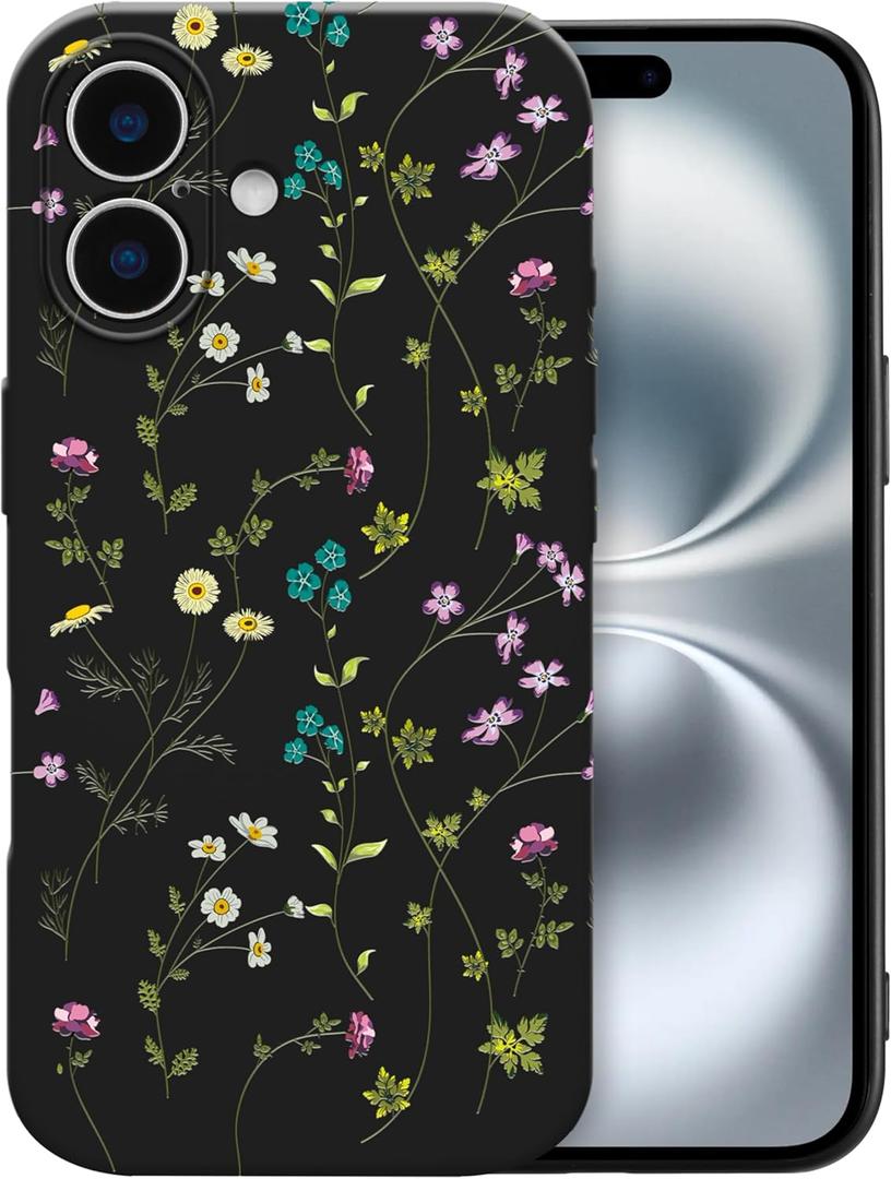 RALEAVO Floral Case for iPhone 16 Plus,Liquid Silicone Cover with Cute Flower Branch Pattern for Girls Women Slim Soft Rubber Protective Phone Case for iPhone 16 Plus (6.7"),Black