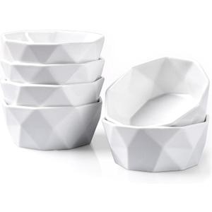 DELLING 4 Oz Ramekins Set of 6, Porcelain Creme Brulee Ramekins Oven Safe, Geometric Souffle Dishes for Baking Dessert Ice Cream, Small Ceramic Bowls Dishwasher Microwave Freezer Safe, White