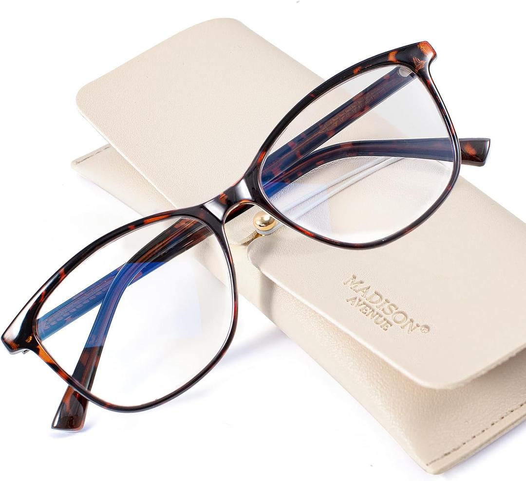 Madison Avenue Blue Light Blocking Glasses Anti Eyestrain UV Glare Blue Light Glasses for Women with Case, TV Phone Computer Gaming Eyeglasses (Demi), Tortoiseshell, Classic