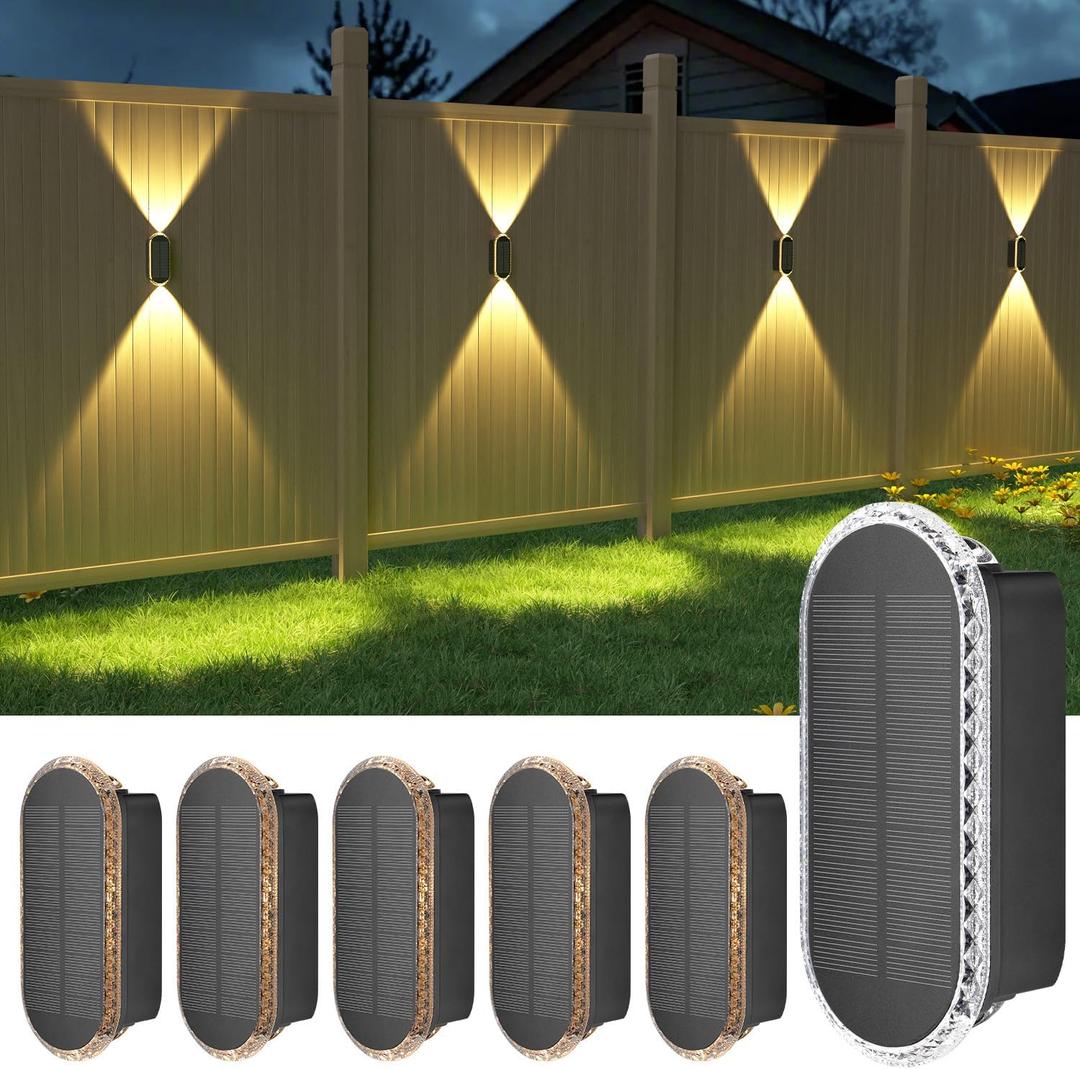 Ellasay Solar Fence Lights Outdoor,6-Pack Solar Powered Wall Lights Up and Down Waterproof IP65,3 Color Brighter LED Focus Lens Solar Lights Dusk to Dawn 12h for Patio, Backyard, Porch, Railing