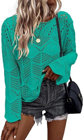 Allimy Womens Fall 2024 Long Sleeve Hollow Out Crochet Crewneck Pointelle Knitted Top Blouses Pullovers Outerwear Green XL