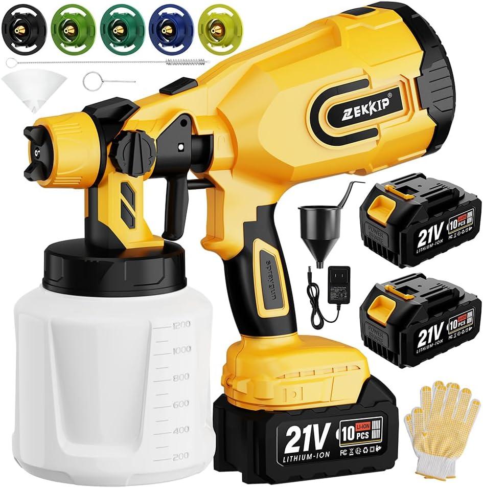 Cordless Paint Sprayer Gun with Battery 2 of 4000mAh, Battery Level Display, 5 Copper Nozzles 1200ML Containers Airless HVLP Paint Sprayer for House Painting Furniture Cabinets Fence Wall.