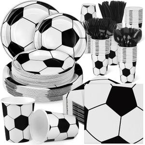 Kochorie 400 Pieces Soccer Disposable Party Tableware Sets Including Plates Cups Napkins Cutlery Serves 50 for Soccer Games Sports Birthday Party Decorations