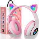 Bluetooth Noise Cancelling Headphones for Kids,Foldable Cat Headphone with LED Light Up Ear,Cat Ear Headphones for Toddler with Microphone/TF Card,Kids Bluetooth Earphones for ipad