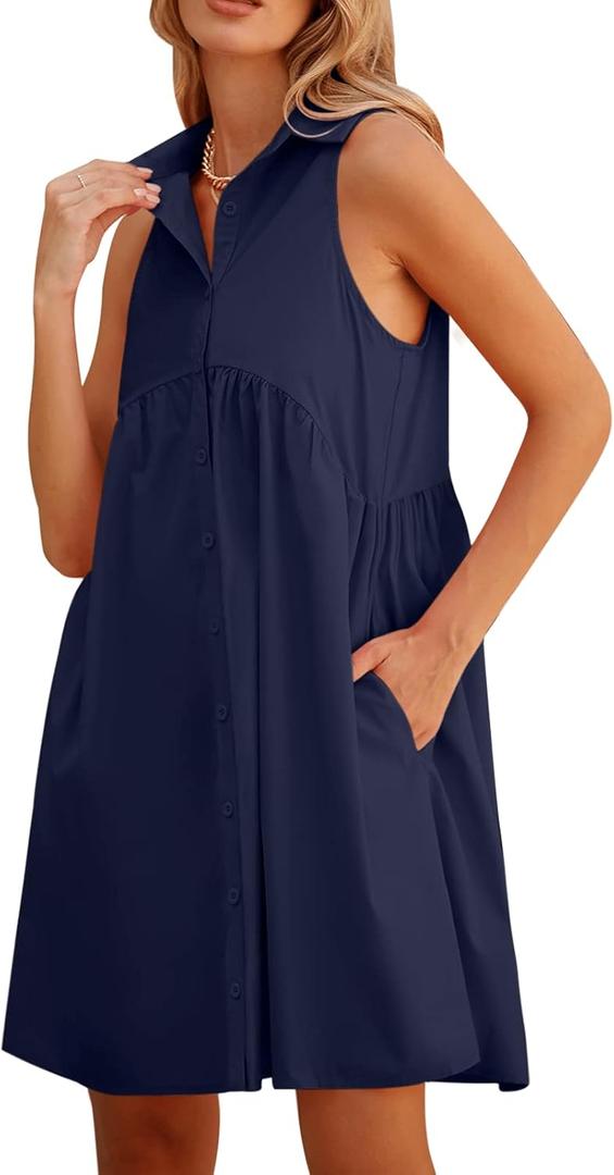 DEEP SELF Women Summer Collared Shirt Dress Casual Loose Button Down Short Dress V Neck Tunic Mini Dress with Pockets (M, Dark Blue)