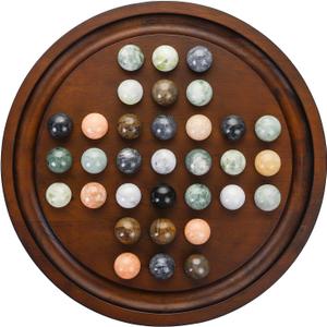 Solitaire Game,12.7-Inch inches Solid Wooden Board with 33 Natural Marble Balls, Deluxe Solitaire Game Set Single-Player Strategy Board Game and Smart Games