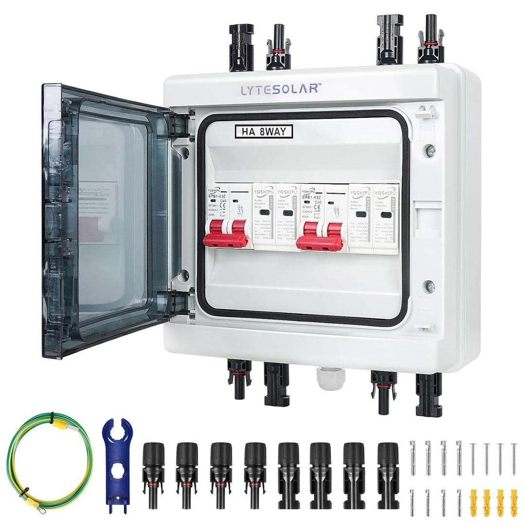 2 String 1000V Solar Disconnect Switch PV Combiner Box, 63A DC Circuit Breaker Box with Surge Protector and Solar Panel Connectors, IP65 Waterproof Plug-and-Play