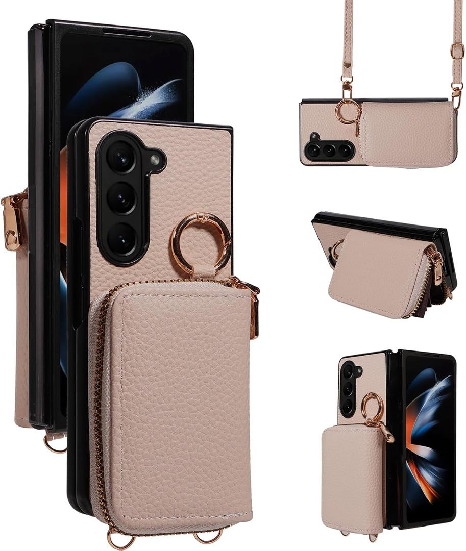 Wallet Case for Samsung Galaxy Z Fold 5 5G 2023 & Shoulder Strap Ring Buckle, Luxury PU Leather Zipper Flip Organ Purse, Card Holder Stand Phone Cover for ZFold5 Z5 G Fold5 5ZBB Women Men Khaki