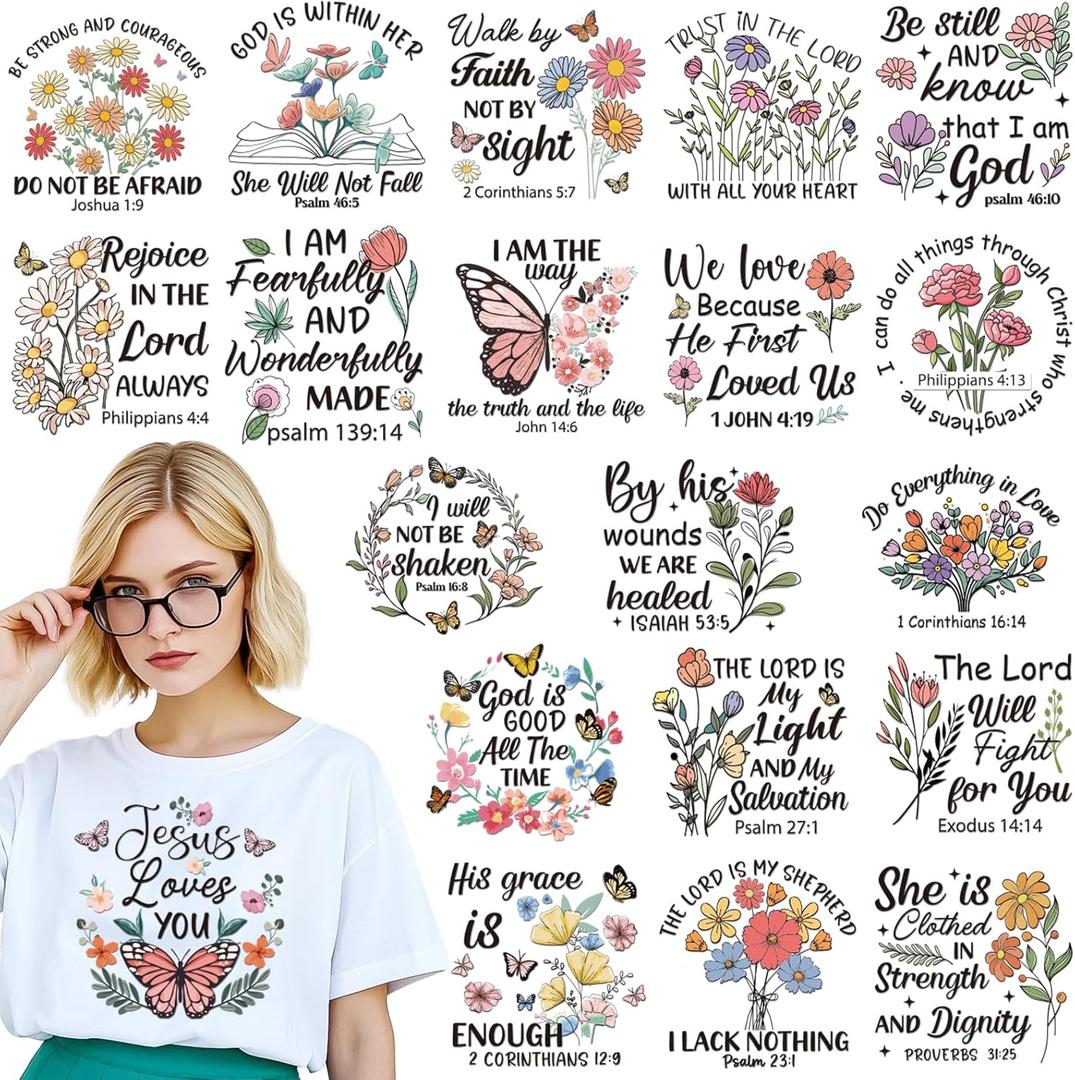 Bible Verse DTF Transfers Ready to Press - 20 Sheets Flower Butterfly Motivational Christian Iron on Transfers Inspirational Iron on Vinyl Design for T Shirts Clothes Jacket Hoodie Bag DIY Craft