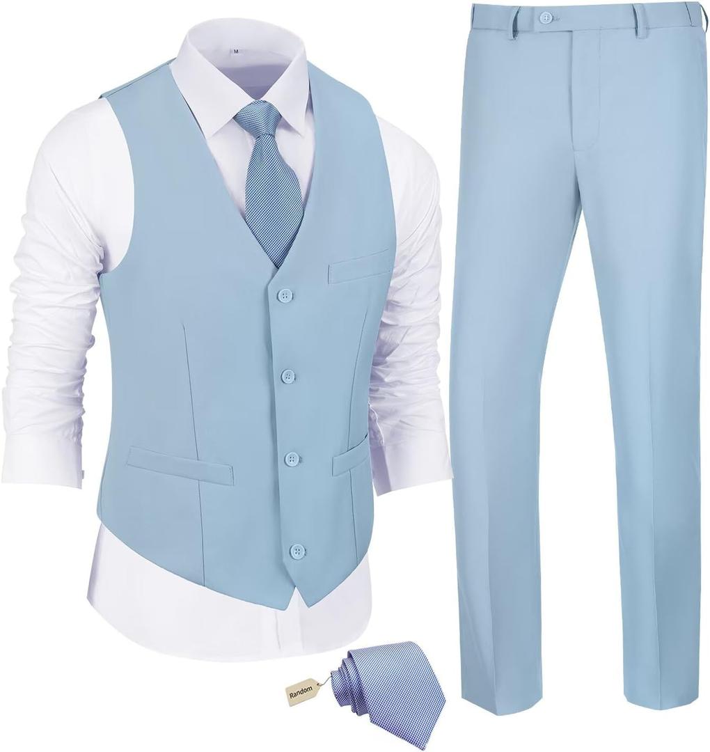 JPF Men's 2 Piece Slim Fit Suit Set, Solid Vest and Pants Suit for Men with Tie (X-Large)