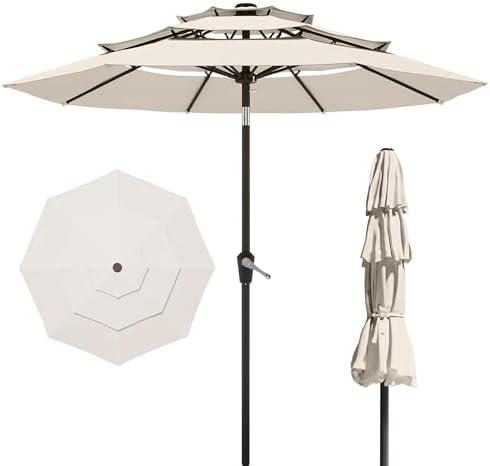PatioKingdom 9ft 3-Tier Patio Market Umbrella with Crank/Tilt, Commercial Heavy Duty Wind Proof,Outdoor Table Umbrella with 8 Fiberglass Ribs,UPF50+ for Deck,Pool,Garden,Backyard (Creamy-white)