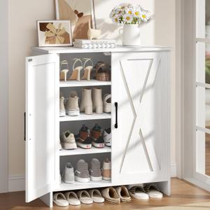 Farmhouse Shoe Storage Cabinet with Doors, 5-Tier Wooden Shoe Cabinet Organizer with 3 Adjustable Shelves, Shoe Rack Shoe Cabinet for Entryway, Hallway, White, 13.8"D x 27.6"W x 31.5"H