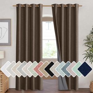 NICETOWN Coffee Vintage Linen 100% Blackout Curtains for Living Room, Thermal Insulated Curtains 90" Long, Noise Reducing Window Treatment Drapes for Home Cinema, 52" Wide Per Panel, Set of 2
